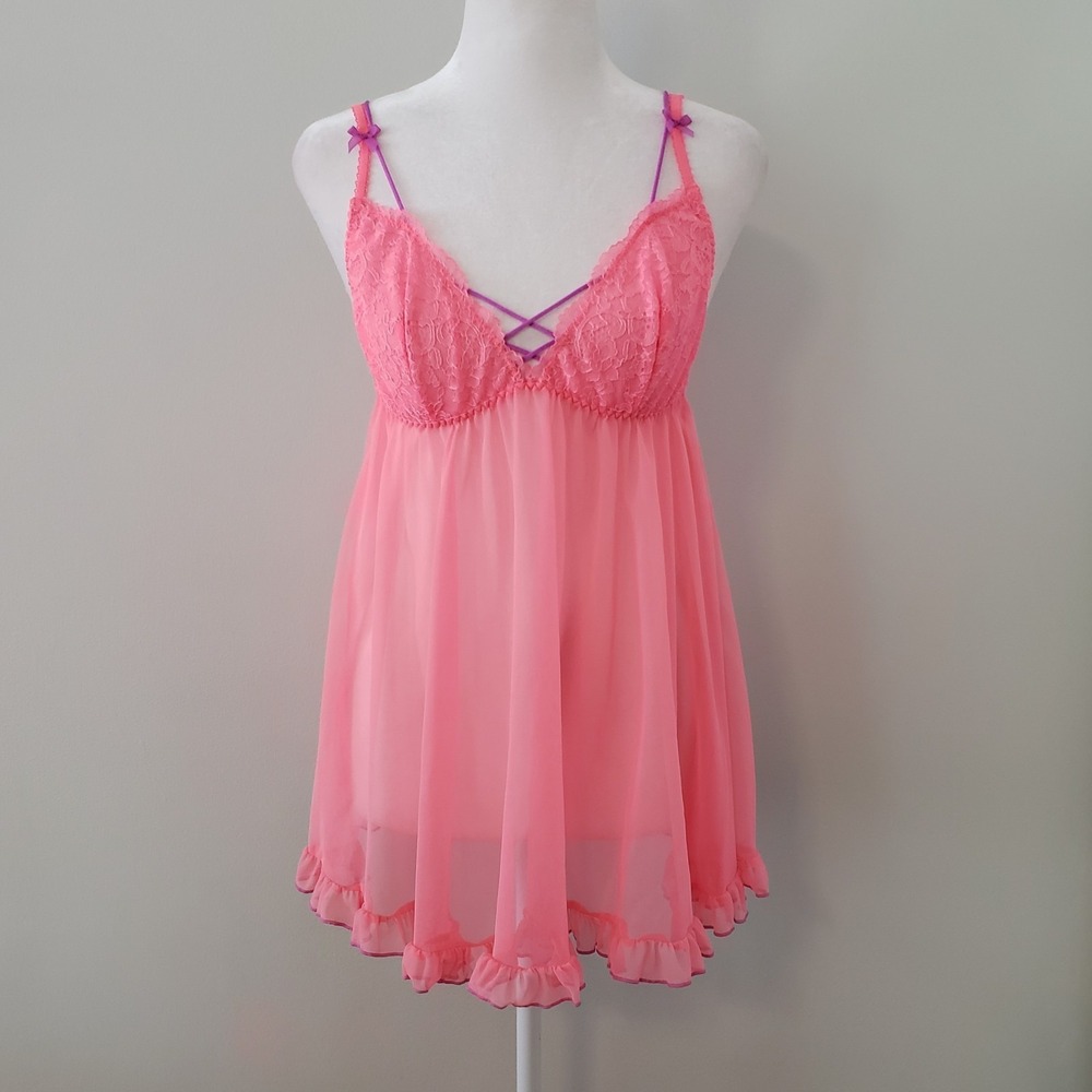 Victorias Secret Y2K Babydoll Top MEDIUM Coquette Fairy Sheer Lace Romantic Pink